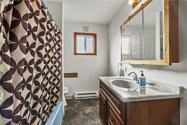 252 State Route 409, Cathlamet, WA 98612 - full bathroom featuring baseboard heating, toilet, shower / bathtub combination with curtain, large vanity, and tile floors