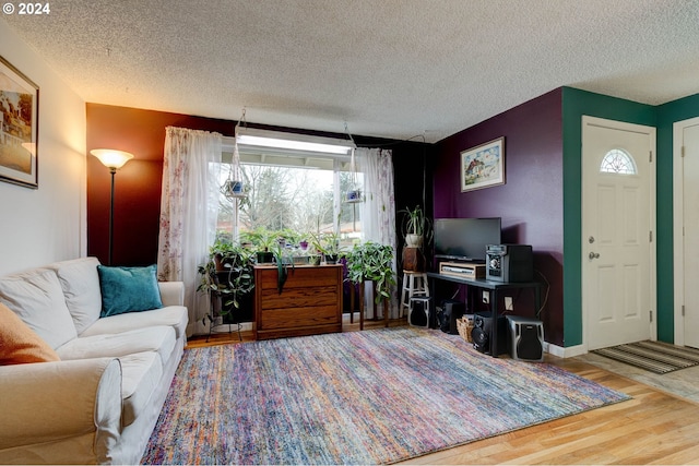 living room featuring a textured ceiling and hardwood / wood-style flooring