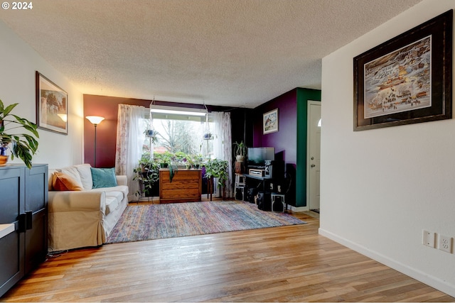 living room featuring a textured ceiling and light hardwood / wood-style flooring