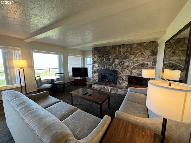 living room featuring a fireplace and beam ceiling