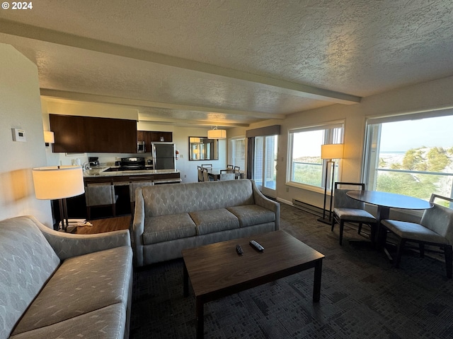 living room featuring beamed ceiling, a baseboard heating unit, and a textured ceiling