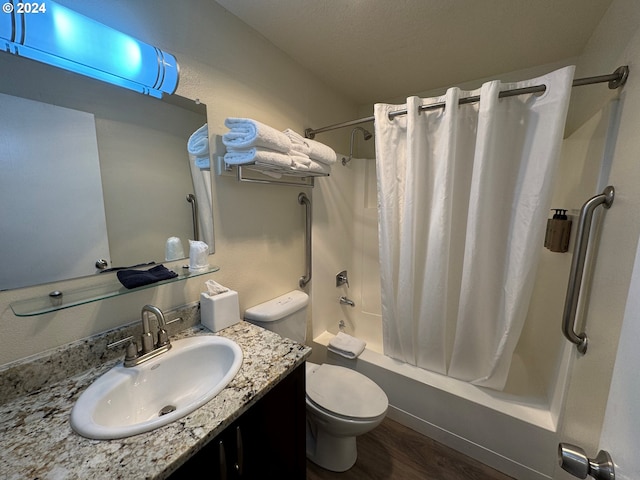 full bathroom with wood-type flooring, toilet, vanity, and shower / bath combo