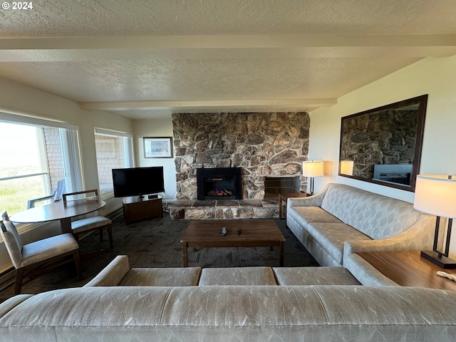 living room featuring a fireplace, wood-type flooring, and beam ceiling