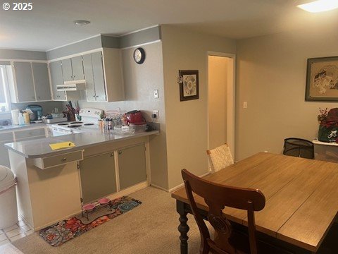 kitchen featuring light colored carpet, kitchen peninsula, and white range with electric stovetop