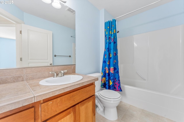 full bath featuring vanity, visible vents, shower / bath combination with curtain, tile patterned floors, and toilet