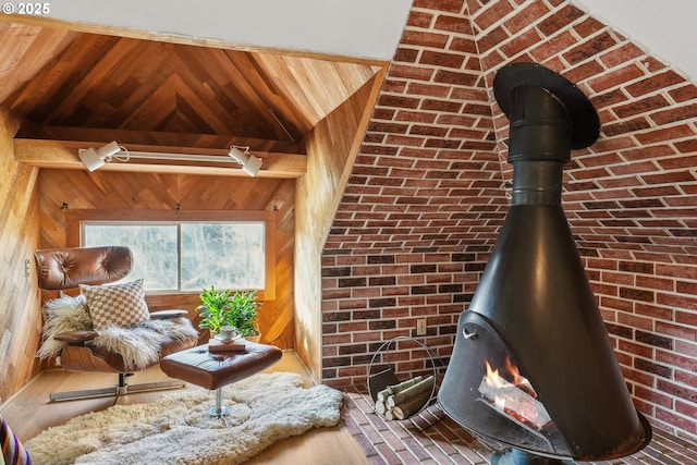 interior space featuring lofted ceiling, wood walls, wooden ceiling, and a wood stove