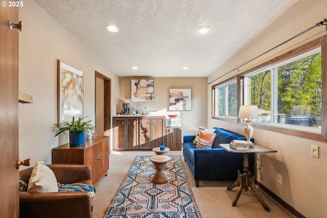 carpeted living room featuring a textured ceiling