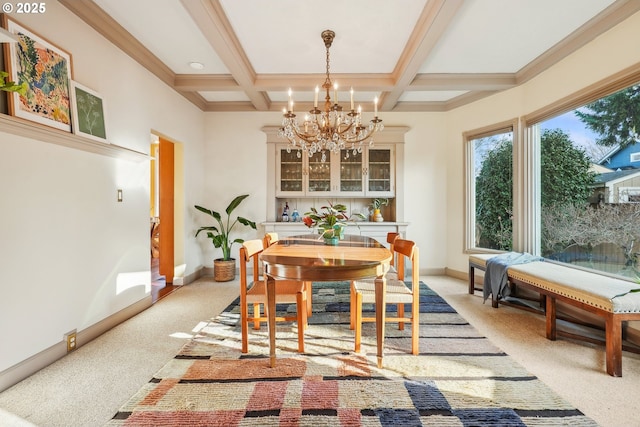 dining room featuring light colored carpet, coffered ceiling, an inviting chandelier, and beamed ceiling