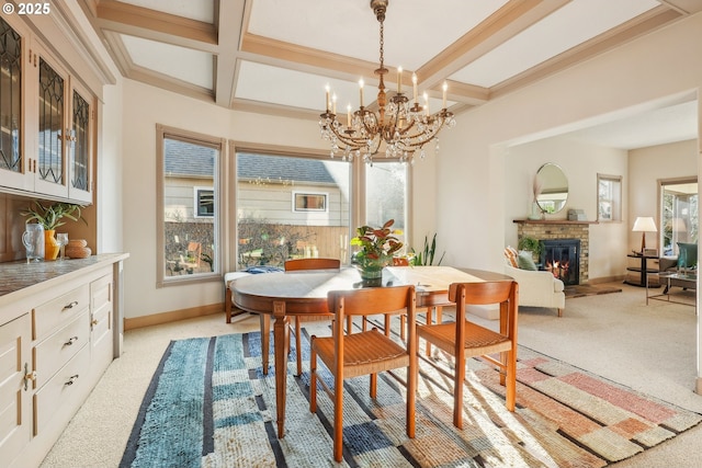 carpeted dining area featuring coffered ceiling, a brick fireplace, plenty of natural light, and beamed ceiling