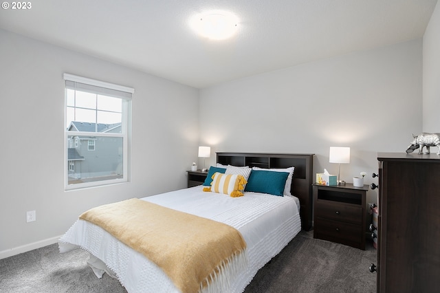 bedroom featuring dark colored carpet