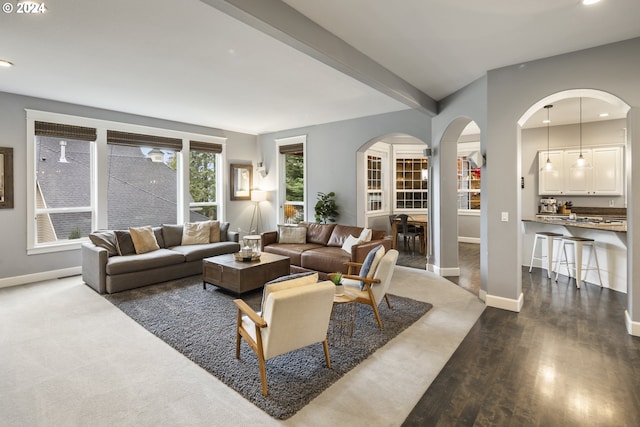 living room featuring dark wood-type flooring