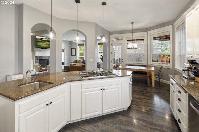 kitchen with plenty of natural light, sink, an island with sink, and stainless steel appliances