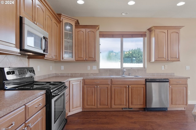 kitchen featuring stainless steel appliances, light brown cabinets, sink, and dark wood-type flooring