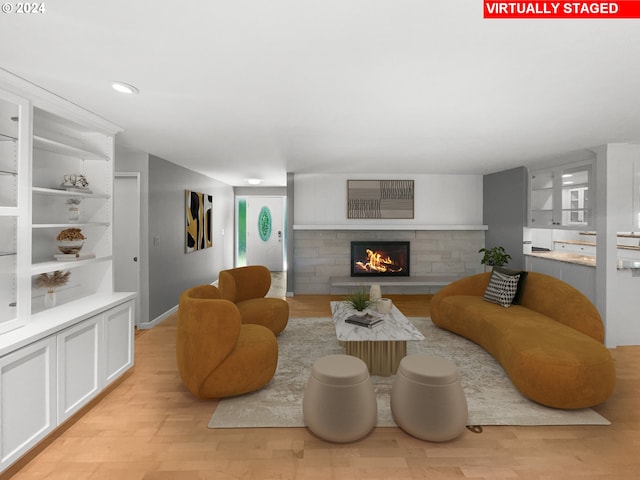 living room with light hardwood / wood-style flooring and a fireplace