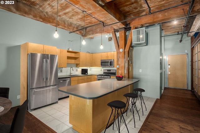 kitchen featuring stainless steel appliances, beam ceiling, decorative light fixtures, backsplash, and wooden ceiling