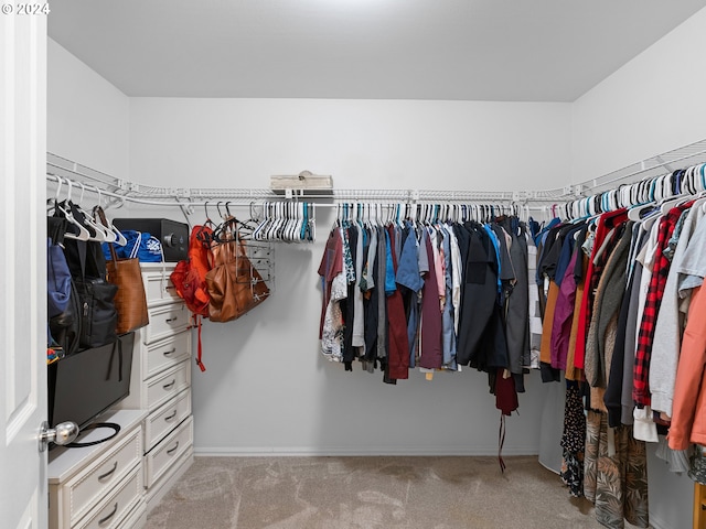 walk in closet with light carpet