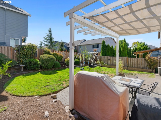 view of patio / terrace featuring a playground, a pergola, and a grill