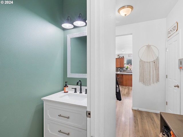 bathroom with hardwood / wood-style floors and vanity