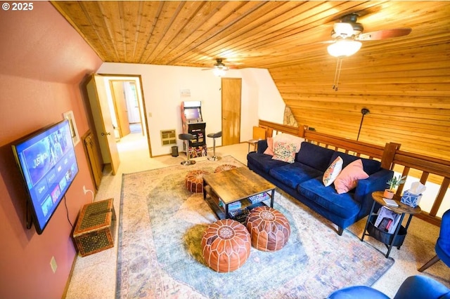 68191 E Twinberry Loop, Welches, OR 97067 - carpeted living area featuring a ceiling fan, wood ceiling, vaulted ceiling, and heating unit