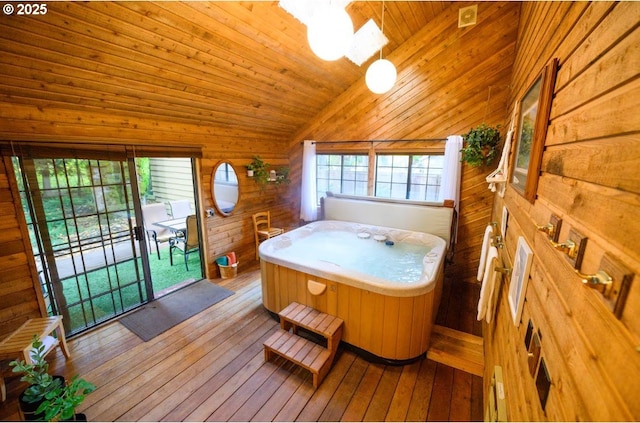 68191 E Twinberry Loop, Welches, OR 97067 - bathroom featuring hardwood / wood-style flooring, wood walls, vaulted ceiling, and wood ceiling