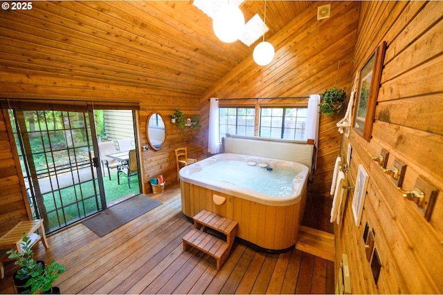 68191 E Twinberry Loop, Welches, OR 97067 - bathroom featuring lofted ceiling, hardwood / wood-style floors, wooden walls, and wood ceiling