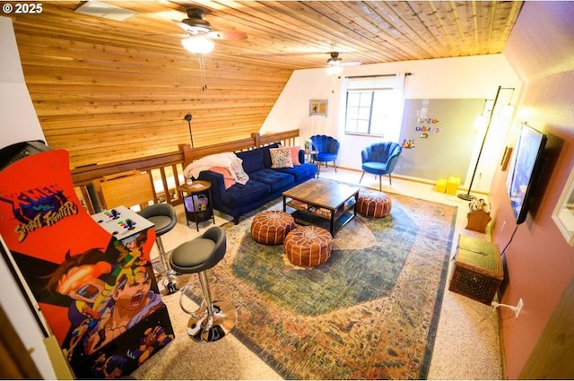 68191 E Twinberry Loop, Welches, OR 97067 - carpeted living area featuring wooden ceiling, ceiling fan, vaulted ceiling, and baseboards