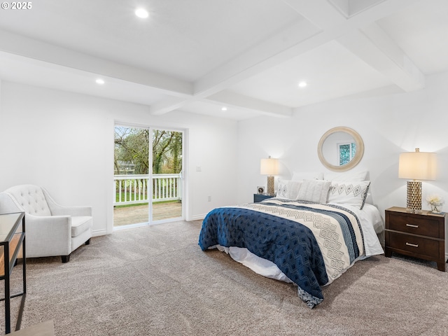 bedroom with light colored carpet, access to outside, and beam ceiling