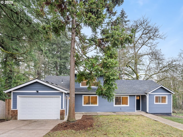 ranch-style house with a front lawn and a garage