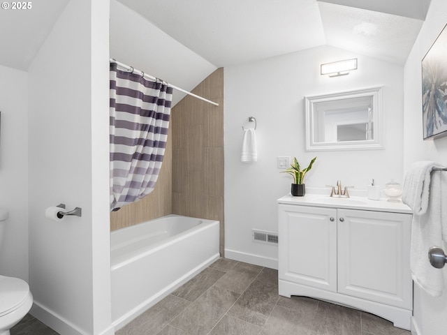 full bathroom with lofted ceiling, vanity, toilet, and shower / bath combination with curtain