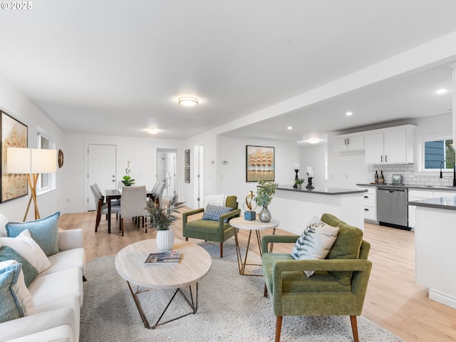 living room featuring light hardwood / wood-style floors and sink