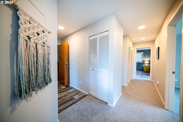 hallway with carpet floors