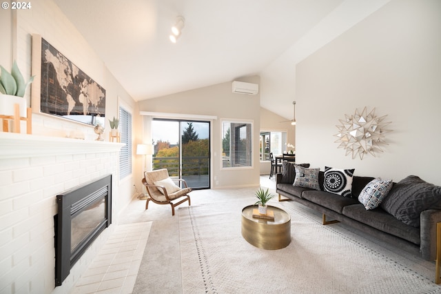 living room featuring light carpet, vaulted ceiling, a brick fireplace, and a wall mounted air conditioner