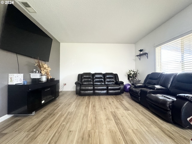 living room with a textured ceiling and light wood-type flooring