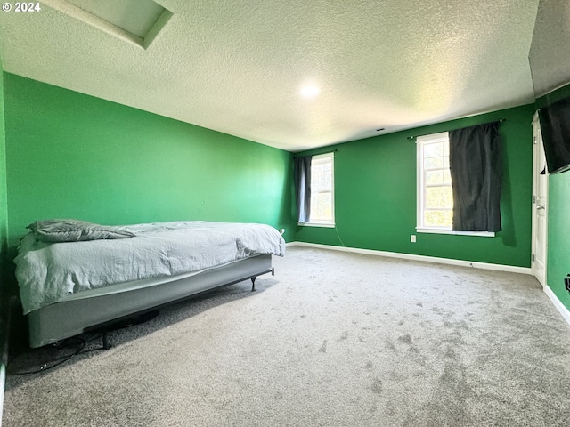 carpeted bedroom with a textured ceiling