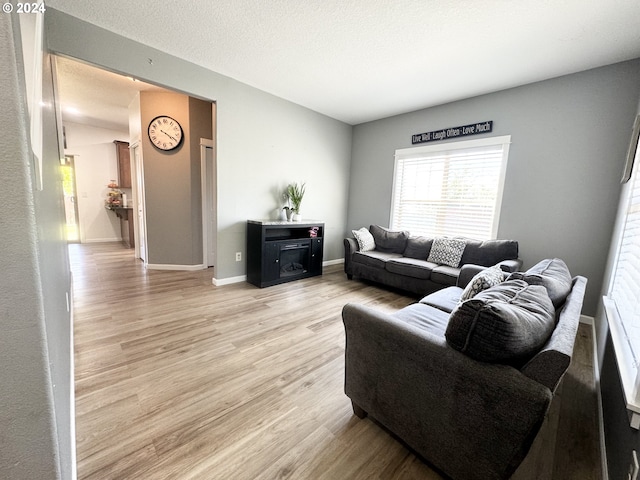 living room with light hardwood / wood-style floors and a textured ceiling