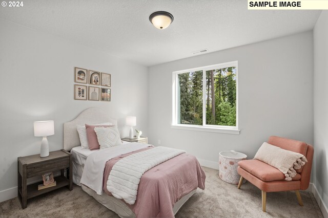 bedroom featuring light colored carpet