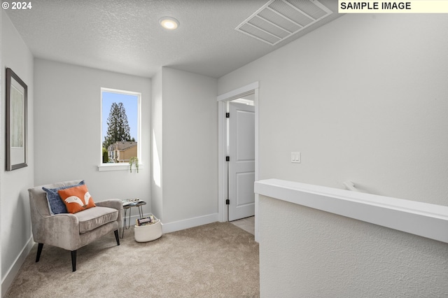 living area with light colored carpet and a textured ceiling