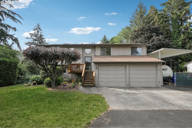 split foyer home with concrete driveway, an attached garage, a front yard, a deck, and stairs