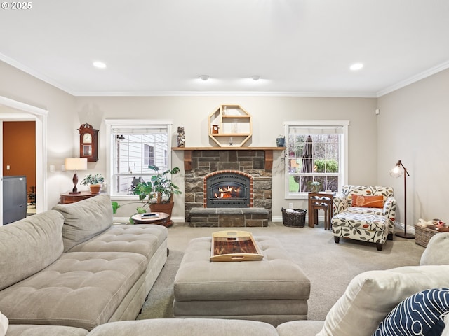 carpeted living room featuring a stone fireplace and crown molding