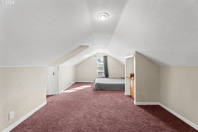 unfurnished bedroom with carpet flooring, lofted ceiling, and a textured ceiling