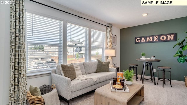 carpeted living room featuring baseboards