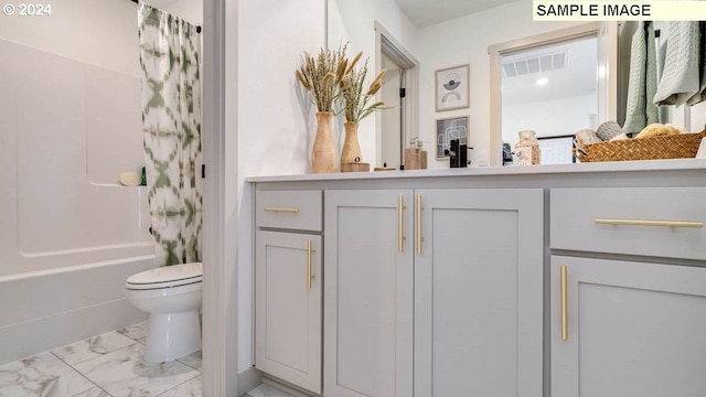 full bath featuring toilet, visible vents, vanity, marble finish floor, and shower / bath combination with curtain