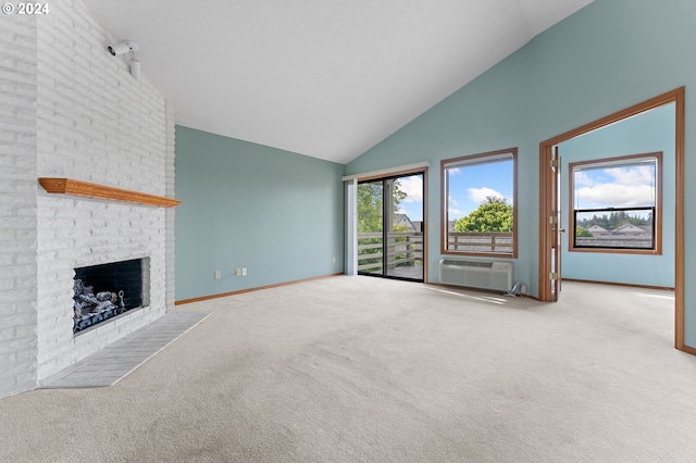 unfurnished living room featuring high vaulted ceiling, a brick fireplace, light colored carpet, and baseboards