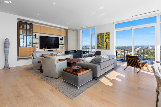 living room featuring light hardwood / wood-style floors and expansive windows