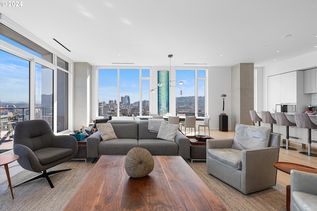 living room with wood-type flooring, expansive windows, and a wealth of natural light