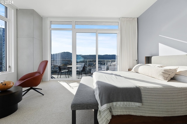 carpeted bedroom featuring a mountain view and multiple windows