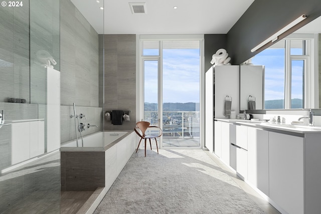 bathroom with vanity, a mountain view, and shower with separate bathtub