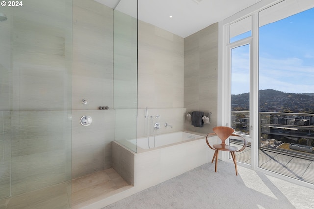 bathroom with a mountain view and a relaxing tiled tub