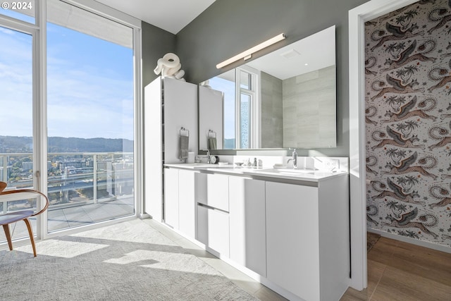 bathroom with vanity, a mountain view, hardwood / wood-style floors, and a wealth of natural light