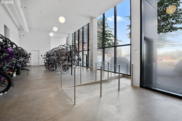 interior space featuring expansive windows and concrete flooring